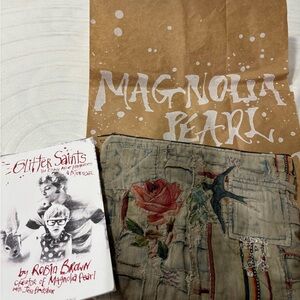 Magnolia Pearl Floral Embroidered Denim Pouch in Faded Blue and Red